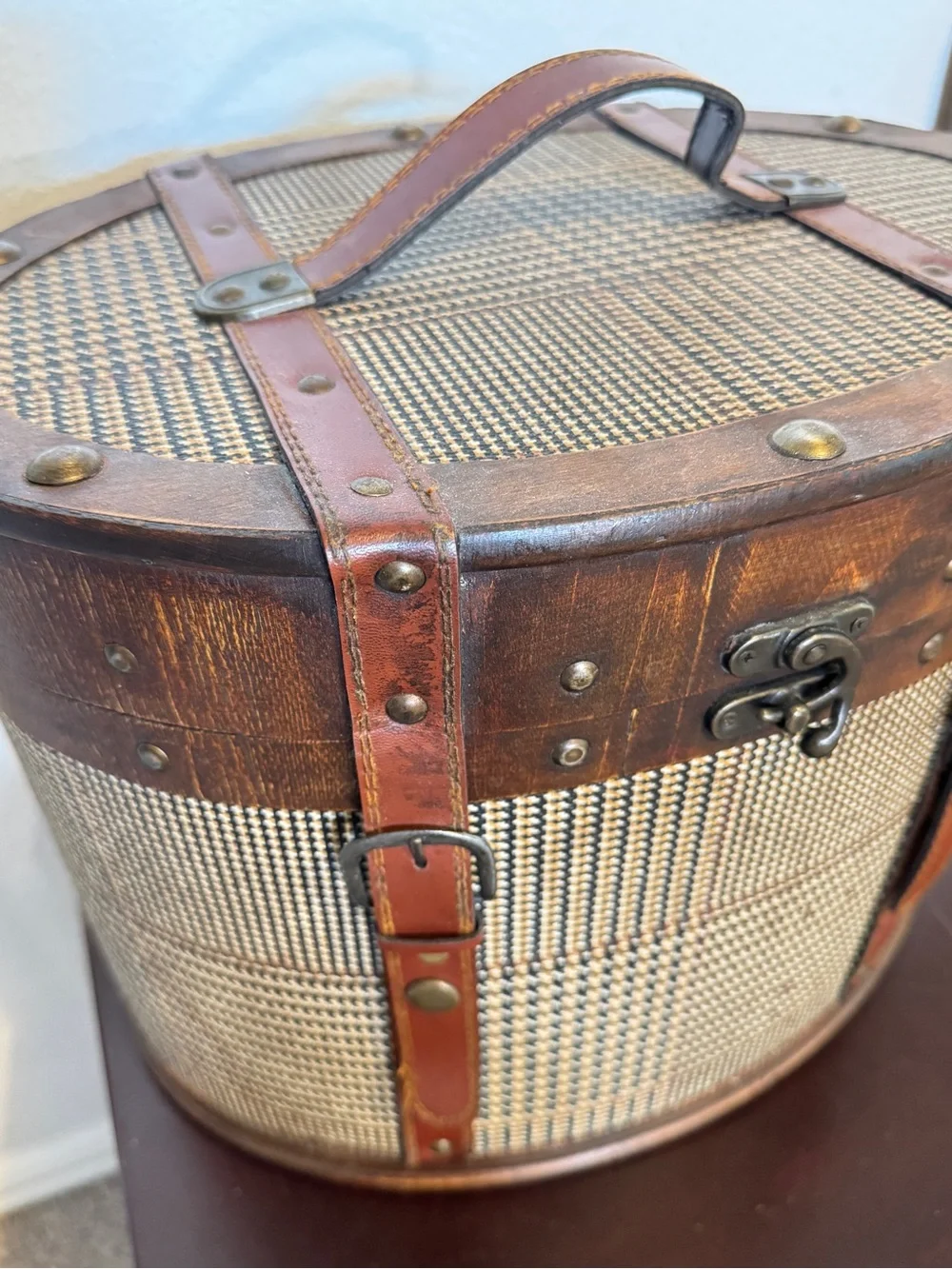 Vintage Ralph Lauren Style Brown Leather & Tweed Storage Trunk Box/Chest